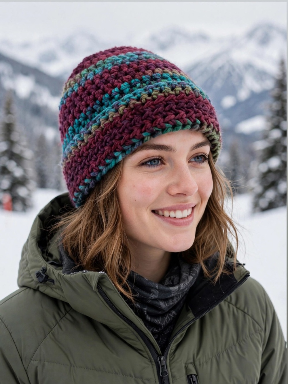 New Chunky Apres Crochet Beanie Burgundy Teal Green Stripe